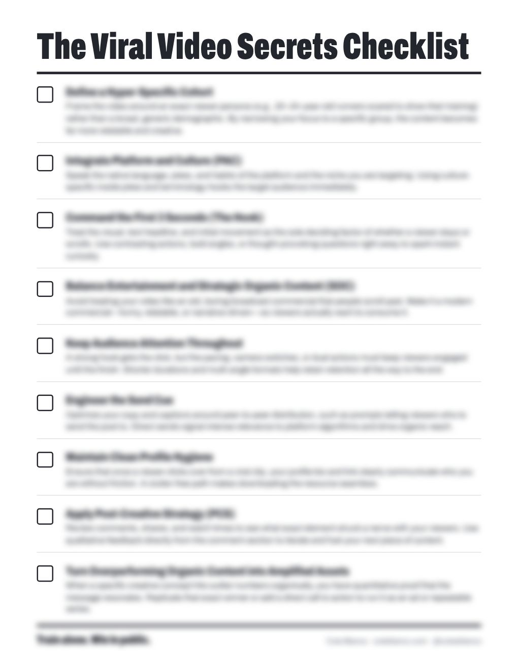 Preview of the Viral Video Secrets Checklist: nine checkboxes, with the details blurred until you sign up